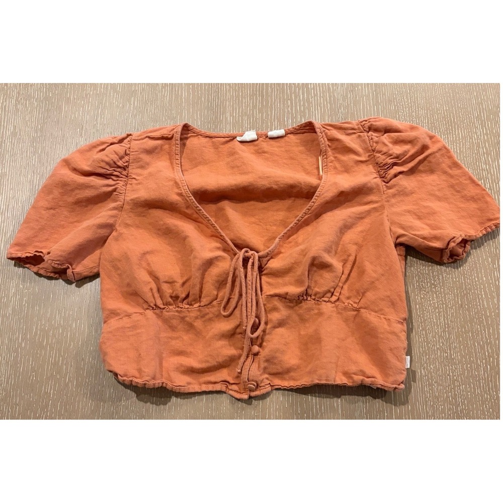 Levi's Womens Small Orange Linen Blend Crop Top Puff Sleeve Tie Front Boho EUC